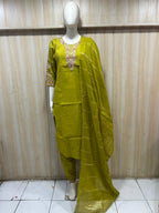 Olive Green Roman Silk Embroidered 3-Piece Ethnic Suit