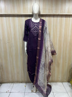 Deep Purple Roman Silk Embroidered 3-Piece Ethnic Suit