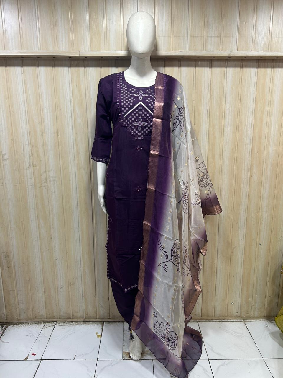 Deep Purple Roman Silk Embroidered 3-Piece Ethnic Suit