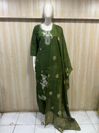 Emerald Green Roman Silk Embroidered 3-Piece Ethnic Suit Set