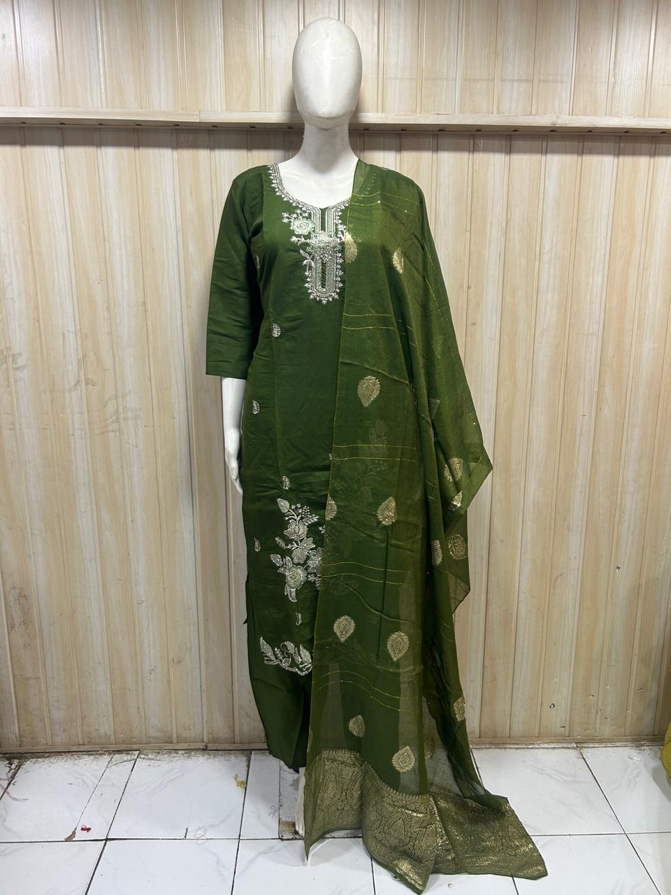 Emerald Green Roman Silk Embroidered 3-Piece Ethnic Suit Set
