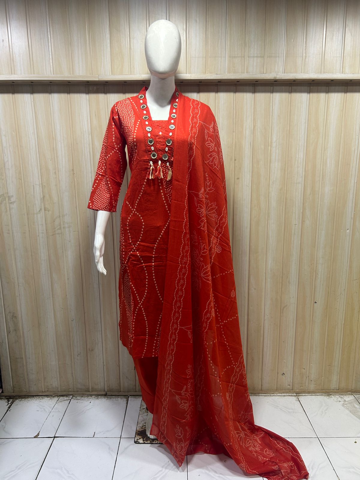 Red Pure Cotton 3-Piece Suit | Printed Kurti, Pant & Dupatta Set
