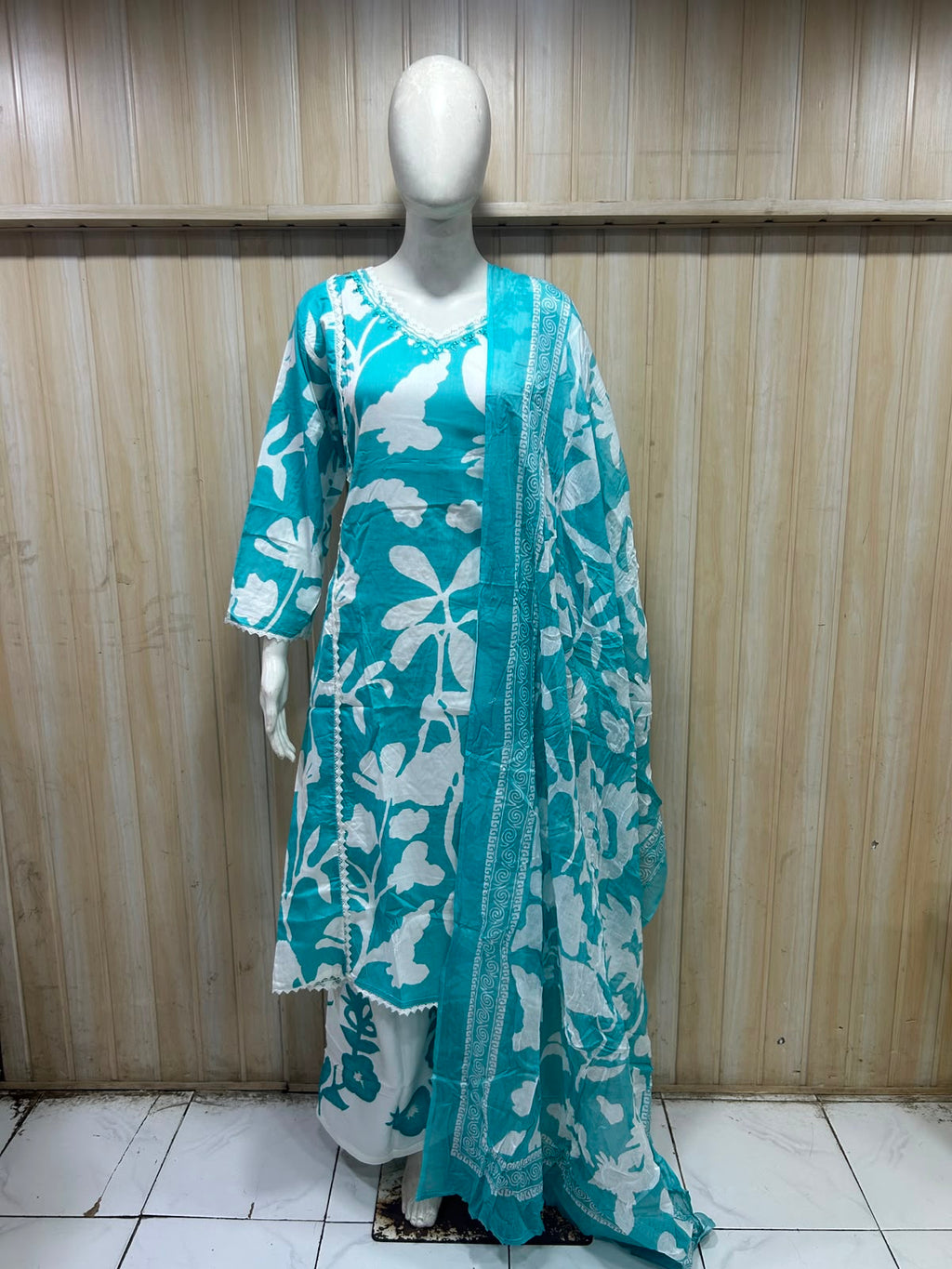 Teal Blue & White Pure Cotton 3-Piece Suit | Floral Print Kurti, Pant & Dupatta