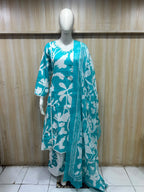 Teal Blue & White Pure Cotton 3-Piece Suit | Floral Print Kurti, Pant & Dupatta