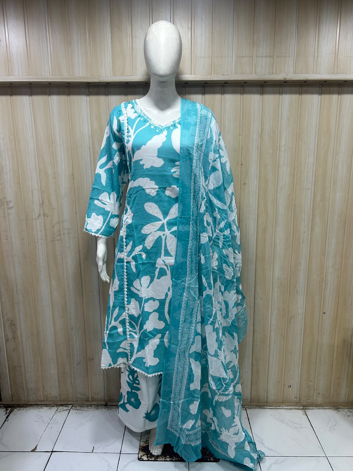 Teal Blue & White Pure Cotton 3-Piece Suit | Floral Print Kurti, Pant & Dupatta