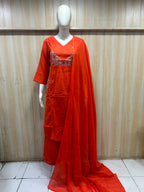 Orange Pure Cotton 3-Piece Suit | Embroidered Kurti, Pant & Dupatta