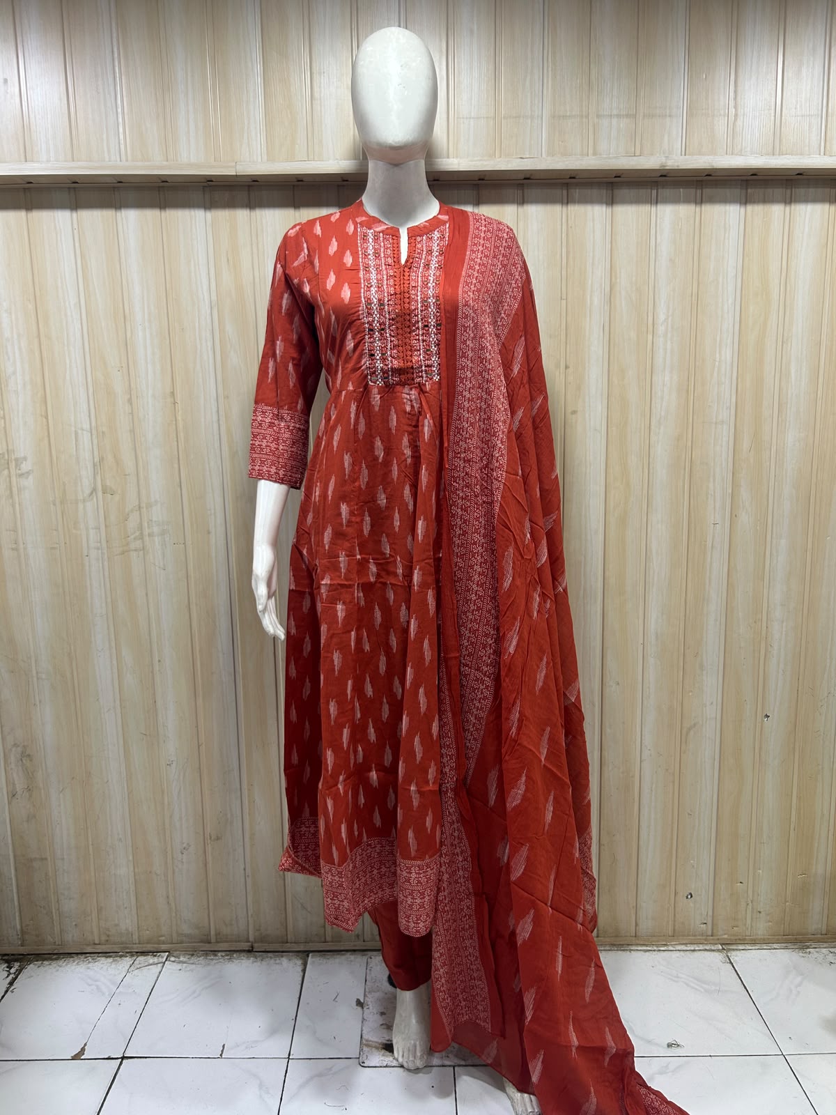 Red Cotton 3-piece Ethnic Set with Printed Kurta, Bottom & Dupatta