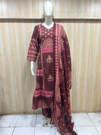 Maroon Cotton 3-piece Ethnic Set with Printed Kurta & Dupatta
