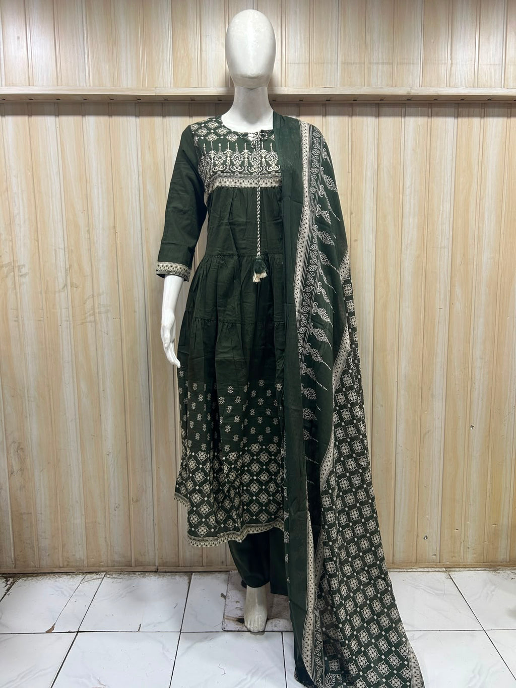 Dark Olive Green Cotton 3-Piece Ethnic Set with Printed Kurta, Bottom & Dupatta