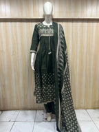 Dark Olive Green Cotton 3-Piece Ethnic Set with Printed Kurta, Bottom & Dupatta