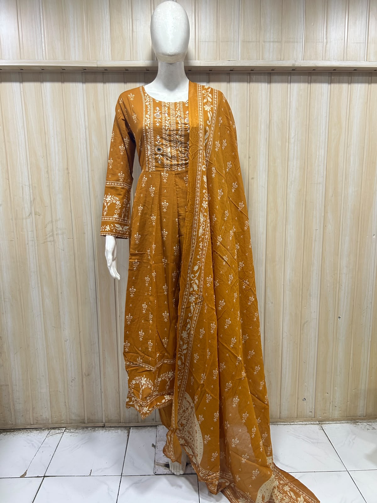 Mustard Yellow Cotton 3-Piece Ethnic Set with Printed Kurta & Dupatta