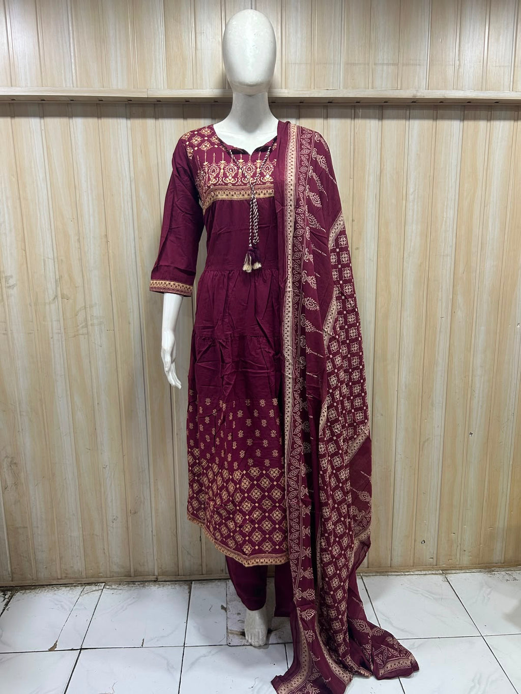 Burgundy Cotton Embroidered 3-Piece Set
