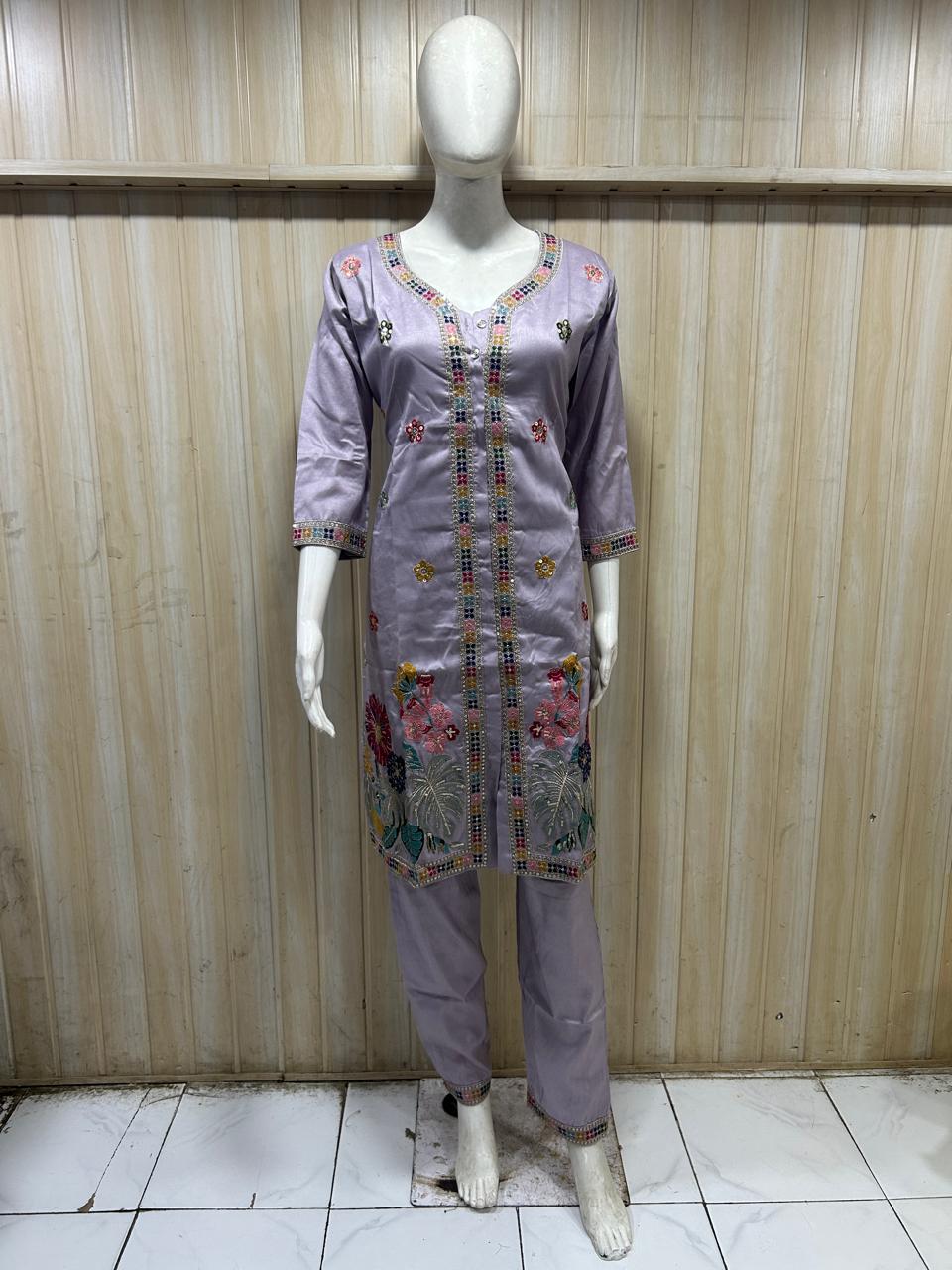 Lavender Floral Embroidered 2-Piece Ethnic Suit Set