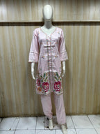 Premium Pink Floral Embroidered 2-Piece Suit Set – Kurti & Pant