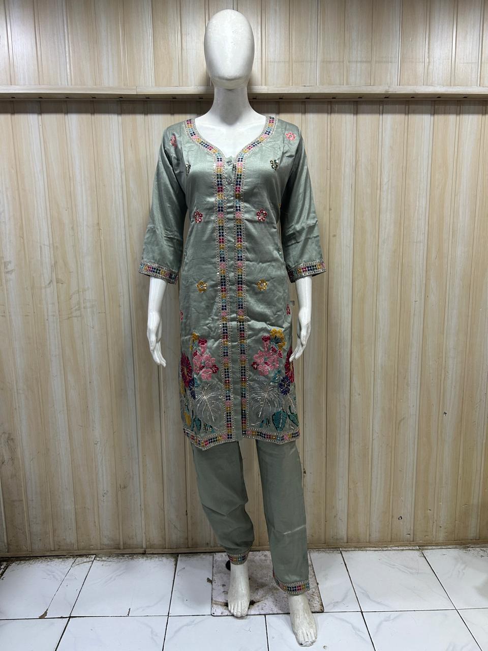 Sage Green Embroidered 2-Piece Ethnic Suit Set | Kurti & Pant