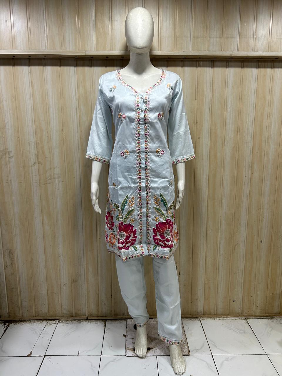 Ice Blue Floral Embroidered 2-Piece Suit Set | Kurti & Pant