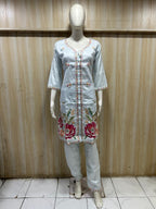 Ice Blue Floral Embroidered 2-Piece Suit Set | Kurti & Pant