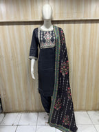 Black Embellished 3-Piece Suit Set with Printed Dupatta