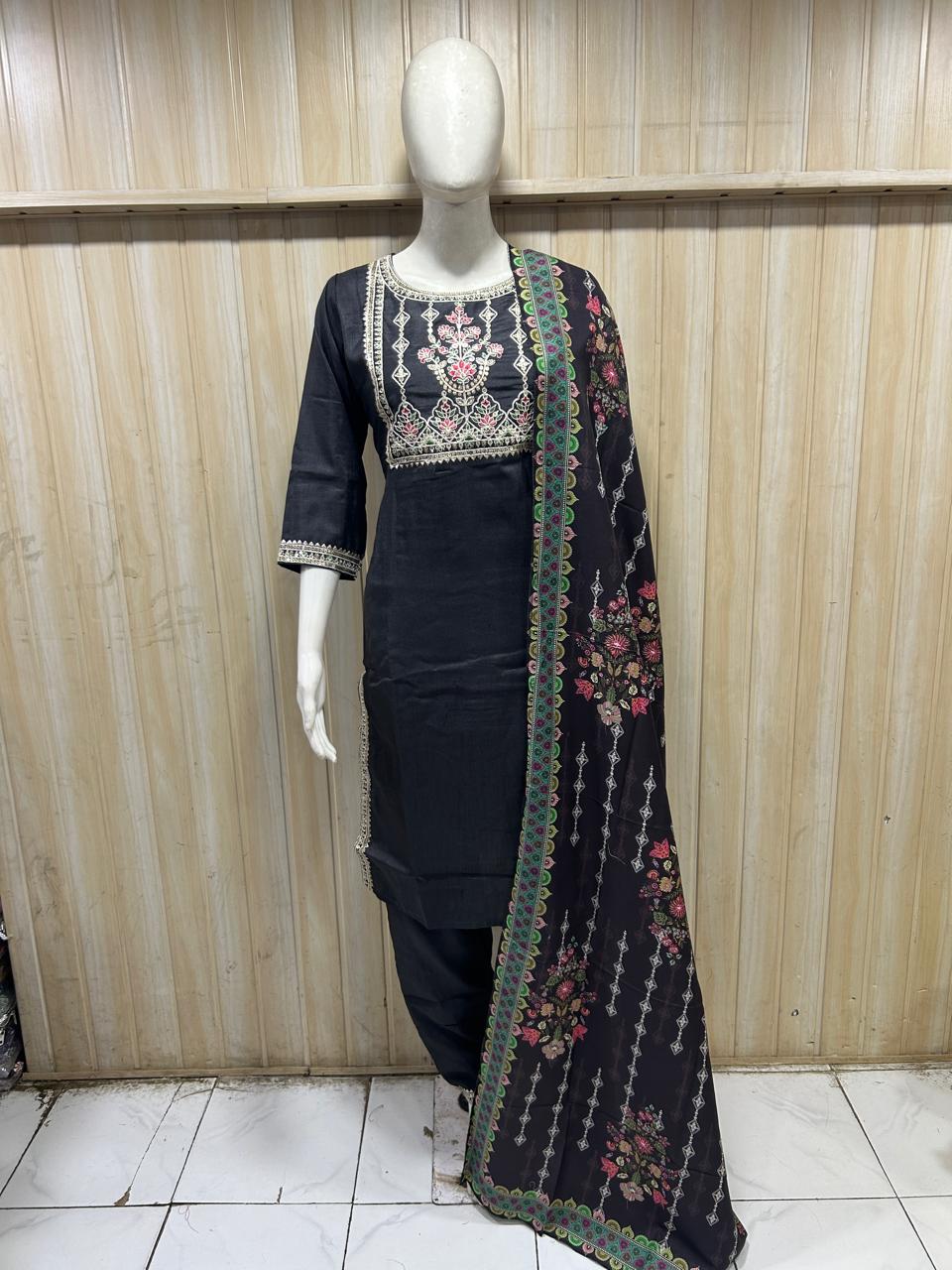 Black Embellished 3-Piece Suit Set with Printed Dupatta