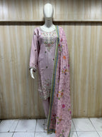 Pastel Lavender Pink Embroidered 3-Piece Suit Set with Printed Dupatta