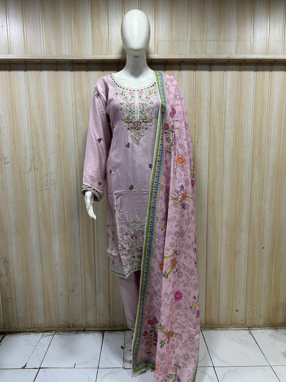Pastel Lavender Pink Embroidered 3-Piece Suit Set with Printed Dupatta
