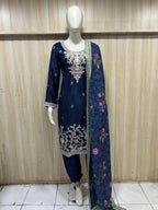Navy Blue Embroidered 3-Piece Suit Set with Floral Dupatta