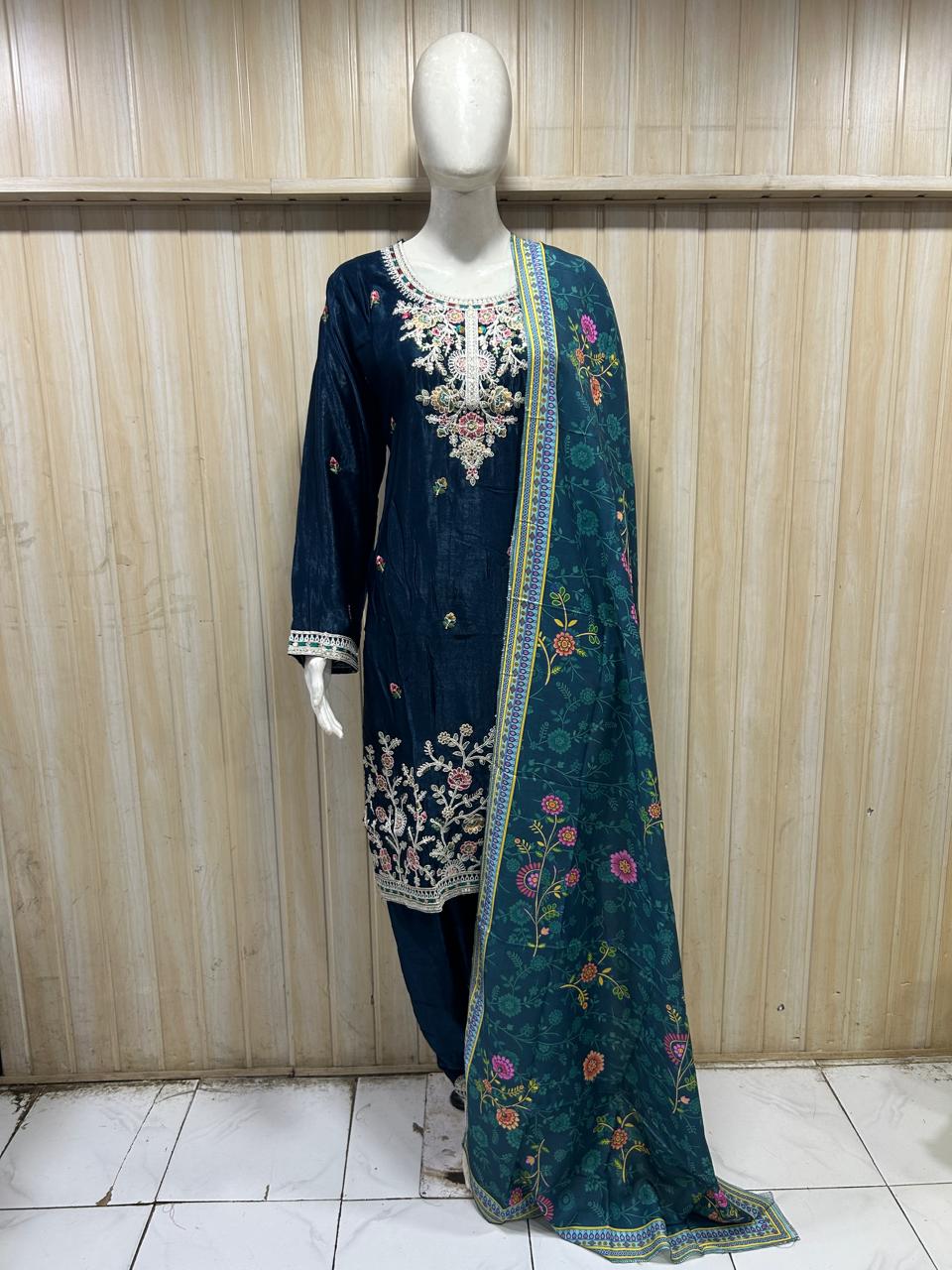 Navy Blue 3-Piece Embroidered Suit Set with Floral Dupatta
