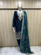 Navy Blue 3-Piece Embroidered Suit Set with Floral Dupatta