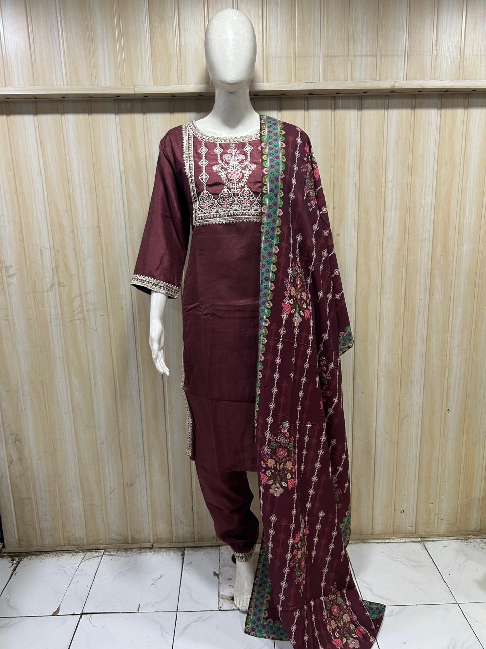 Deep Wine Embroidered 3-Piece Suit Set with Printed Dupatta