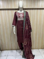 Deep Wine Embroidered 3-Piece Suit Set with Printed Dupatta