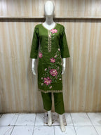Olive Green Floral Embroidered 2-Piece Suit Set – Kurti & Pant
