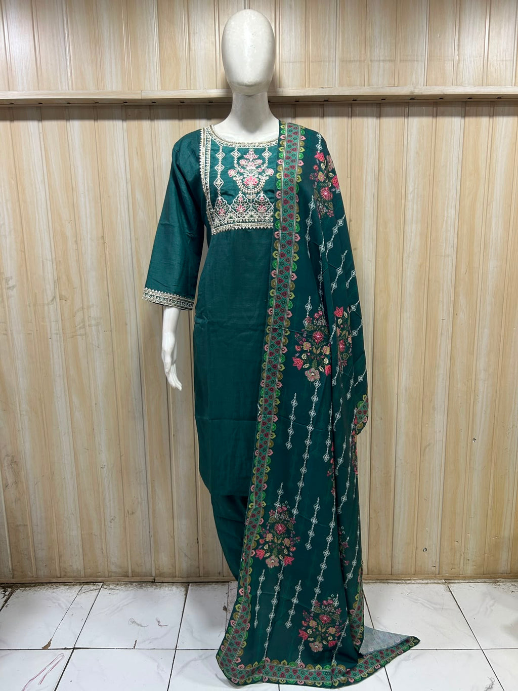 Deep Teal Embroidered 3-Piece Suit Set with Printed Dupatta