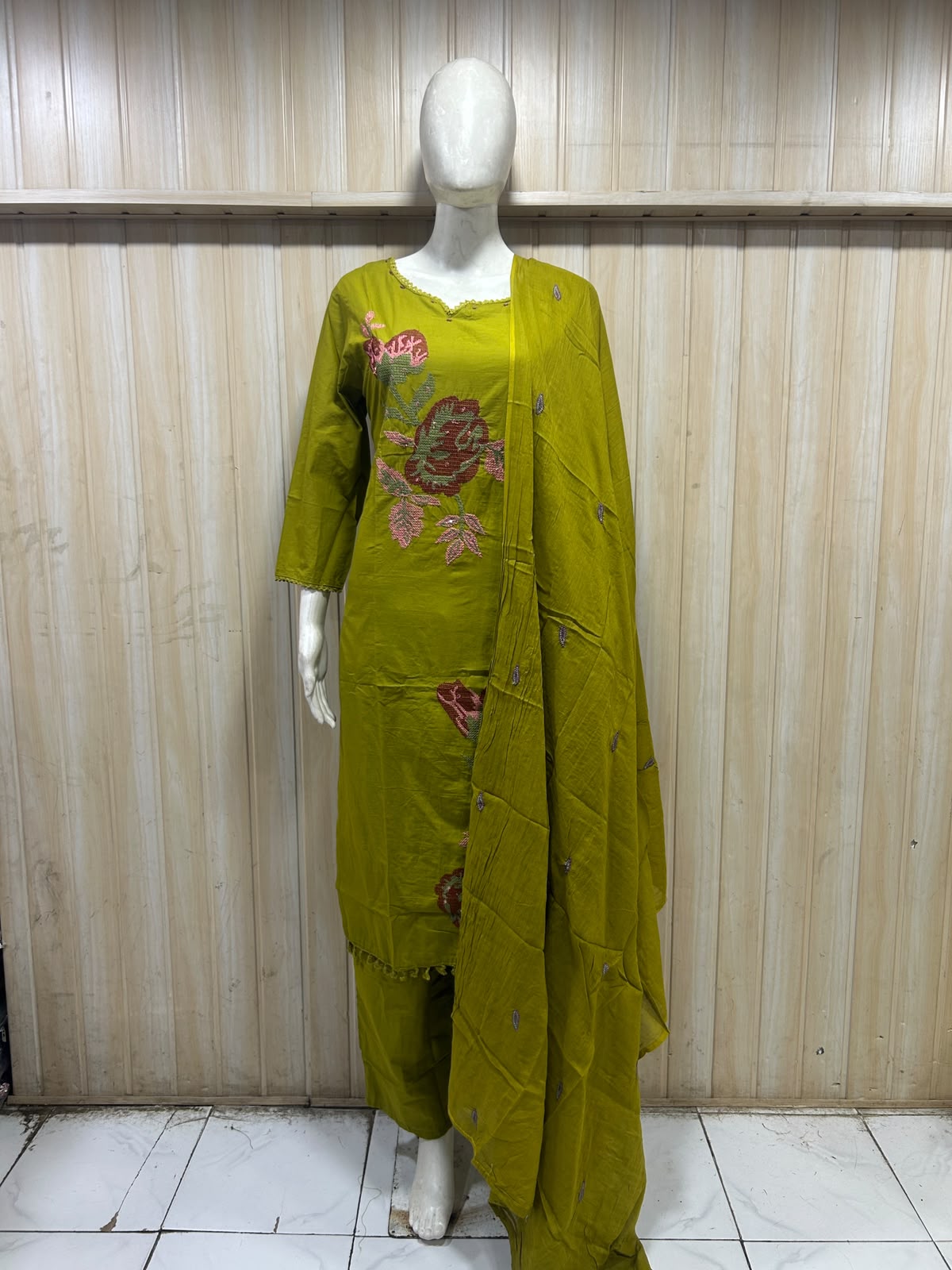 Olive Green Pure Cotton 3-Piece Suit with Floral Embroidery – Kurti, Pant & Dupatta Set
