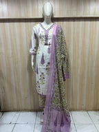 Lavender & White Pure Cotton 3-Piece Suit | Floral Printed Kurti, Pant & Dupatta