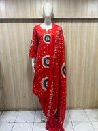 Red Pure Cotton 3-Piece Suit with Printed Kurti, Pant & Dupatta