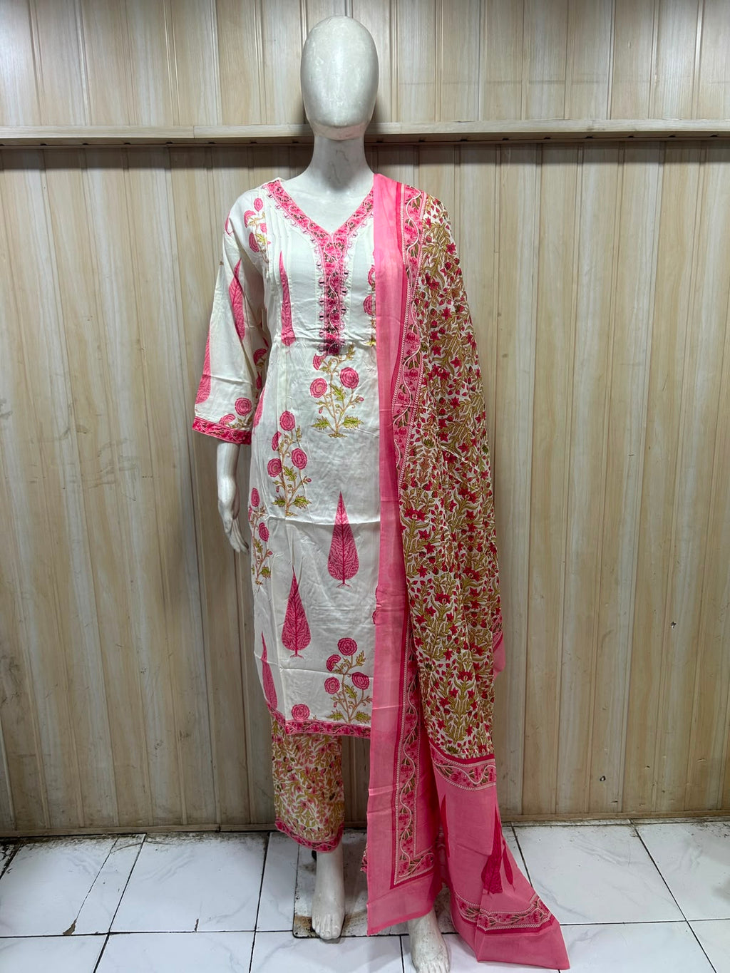 Ivory & Pink Pure Cotton 3-Piece Suit – Floral Printed Kurti, Pant & Dupatta Set