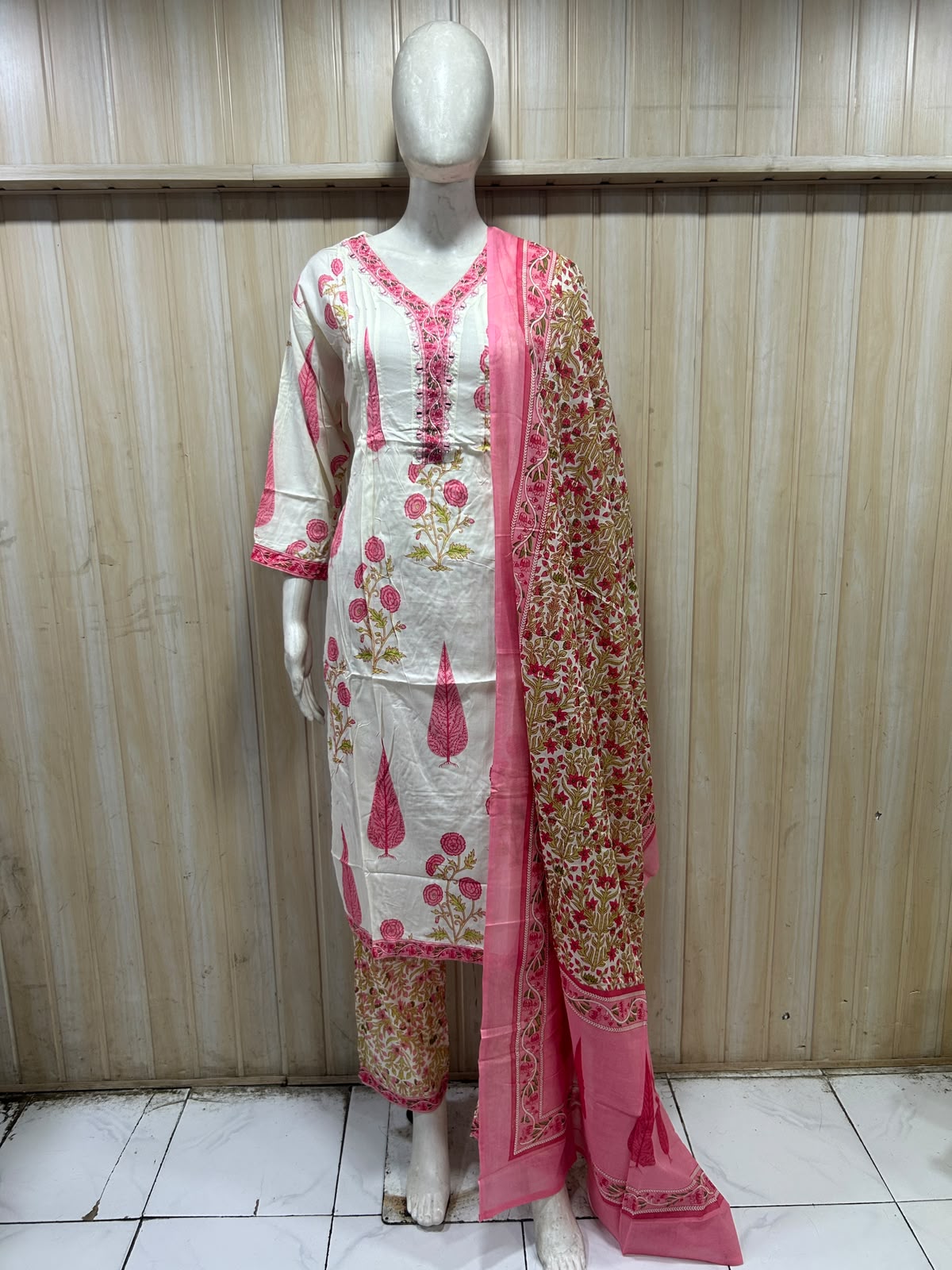 Ivory & Pink Pure Cotton 3-Piece Suit – Floral Printed Kurti, Pant & Dupatta Set