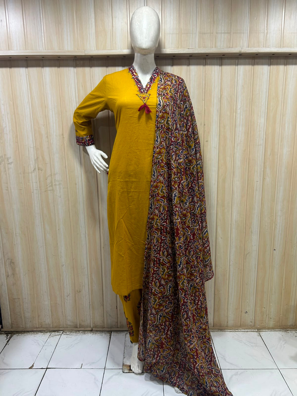 Mustard Pure Cotton 3-Piece Suit – Printed Kurti, Pant & Dupatta Set