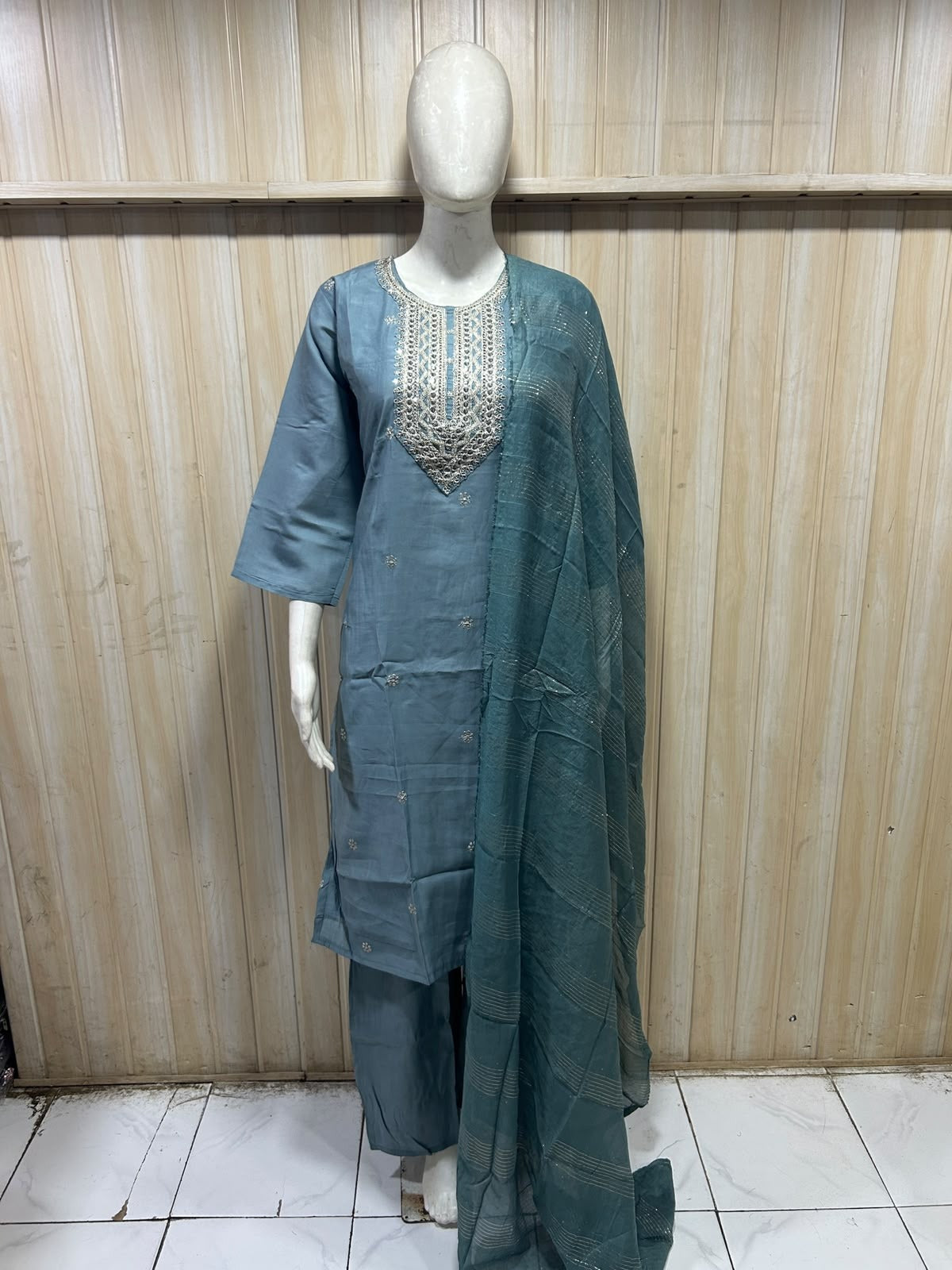 Teal Blue Roman Silk Dori Work Palazzo Set