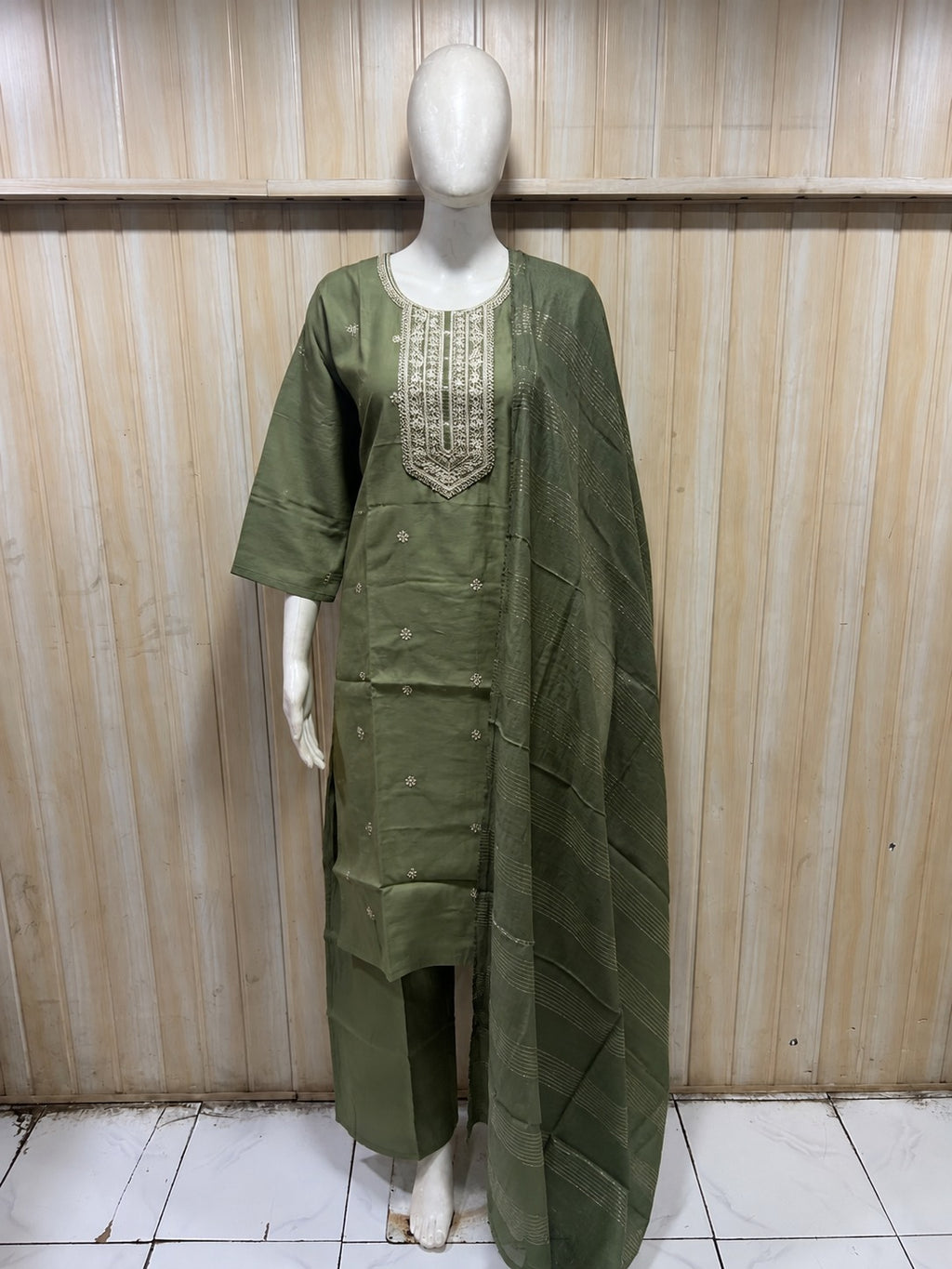 Olive Green Roman Silk Dori Work Palazzo Set