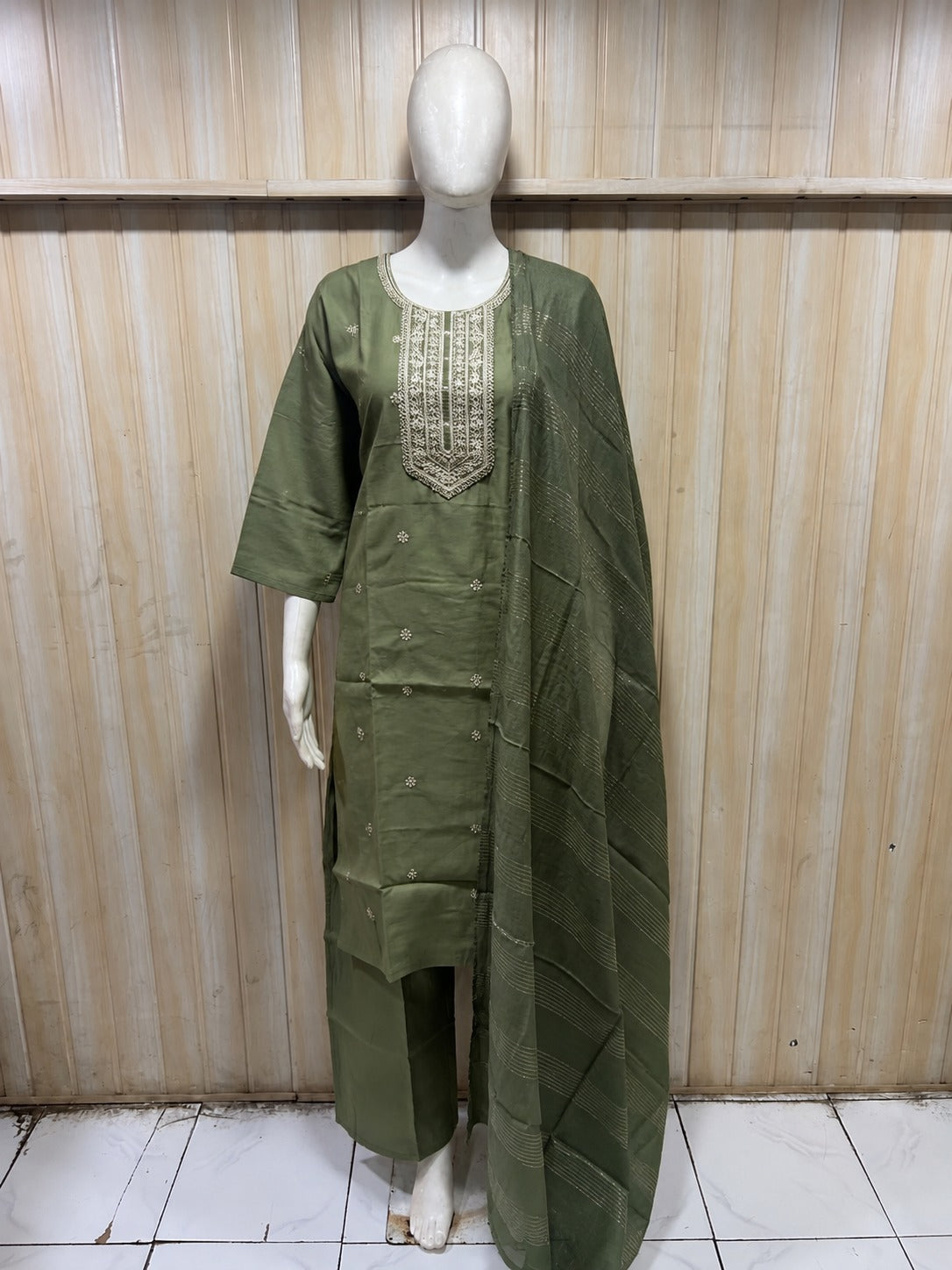 Olive Green Roman Silk Dori Work Palazzo Set