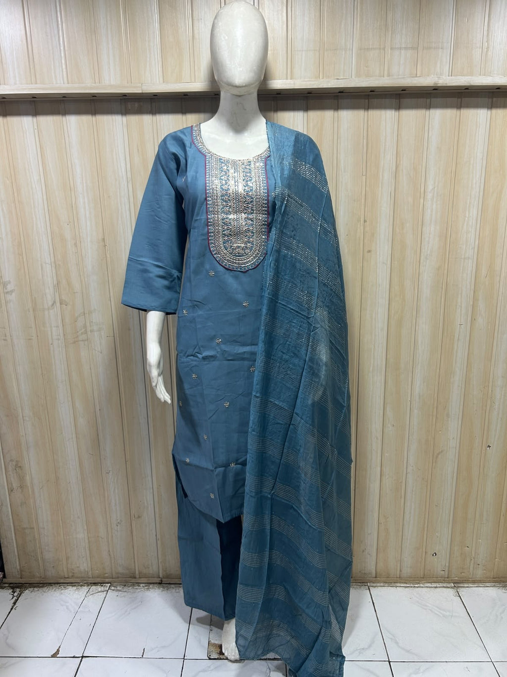 Teal Blue Roman Silk Dori Work Palazzo Set