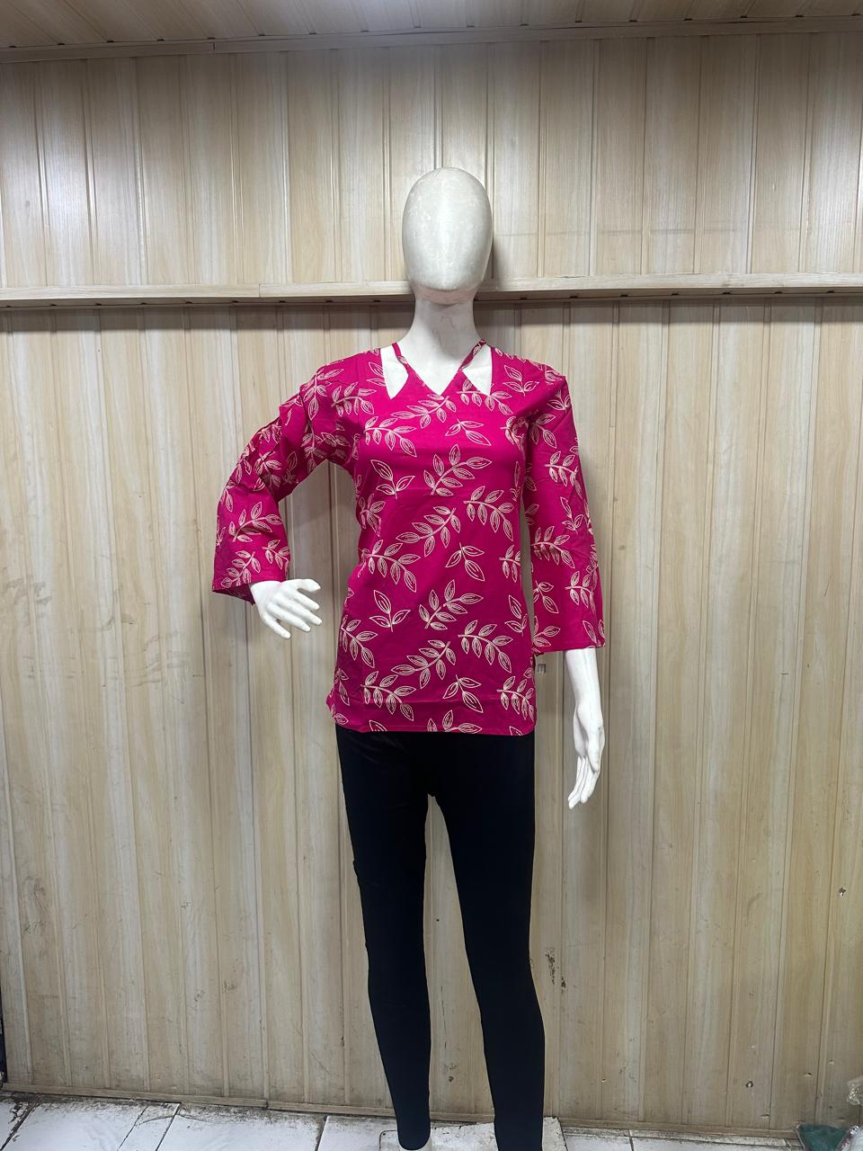 Magenta  Cotton Short Kurti with White Botanical Print & Cut-Out Neckline