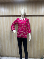 Magenta  Cotton Short Kurti with White Botanical Print & Cut-Out Neckline