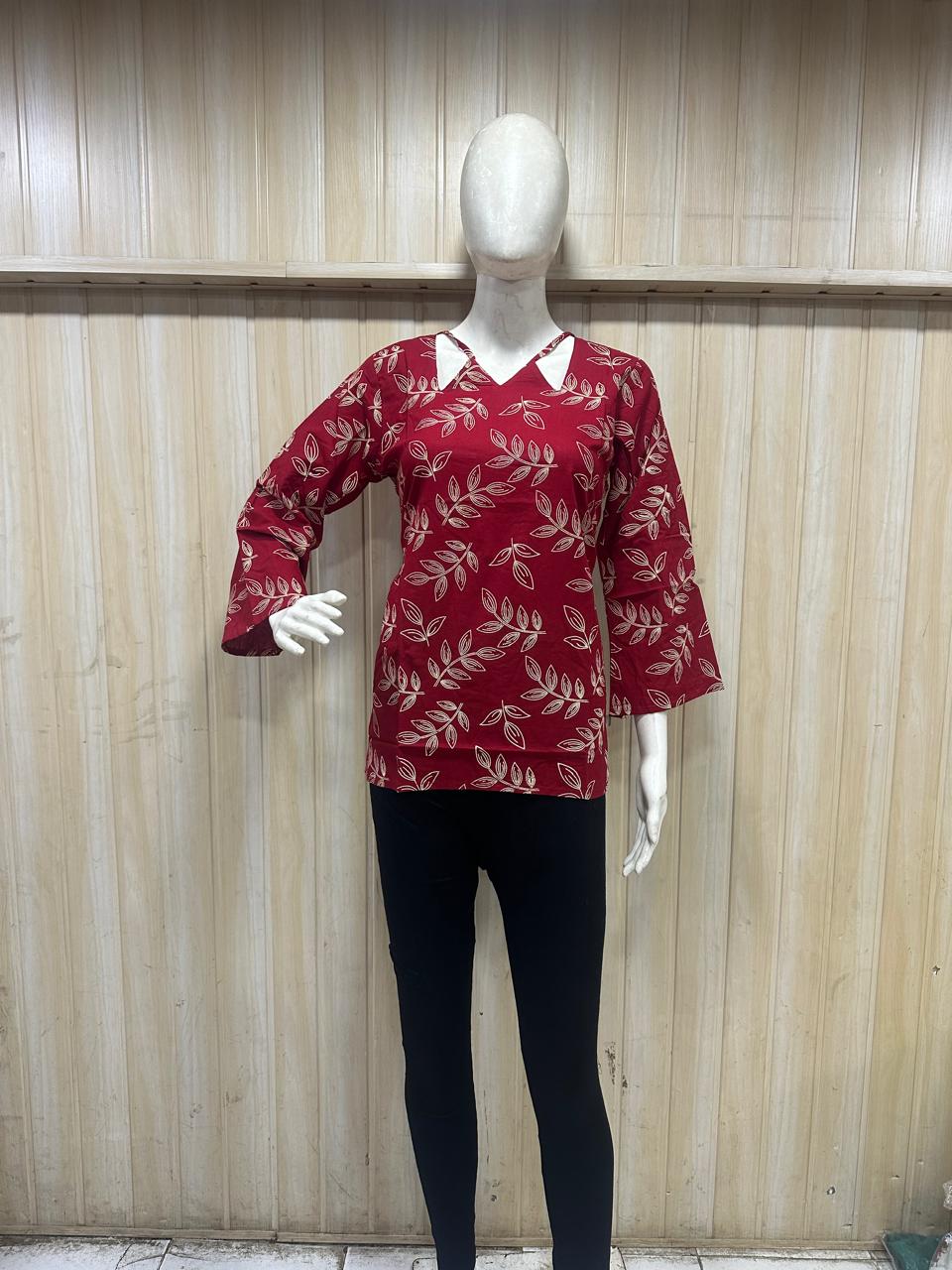 Maroon Mull Cotton Short Kurti with White Botanical Print & Cut-Out Neckline