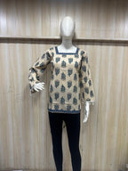 Cream Mull Cotton Short Kurti with Navy Paisley Print & Square Neckline