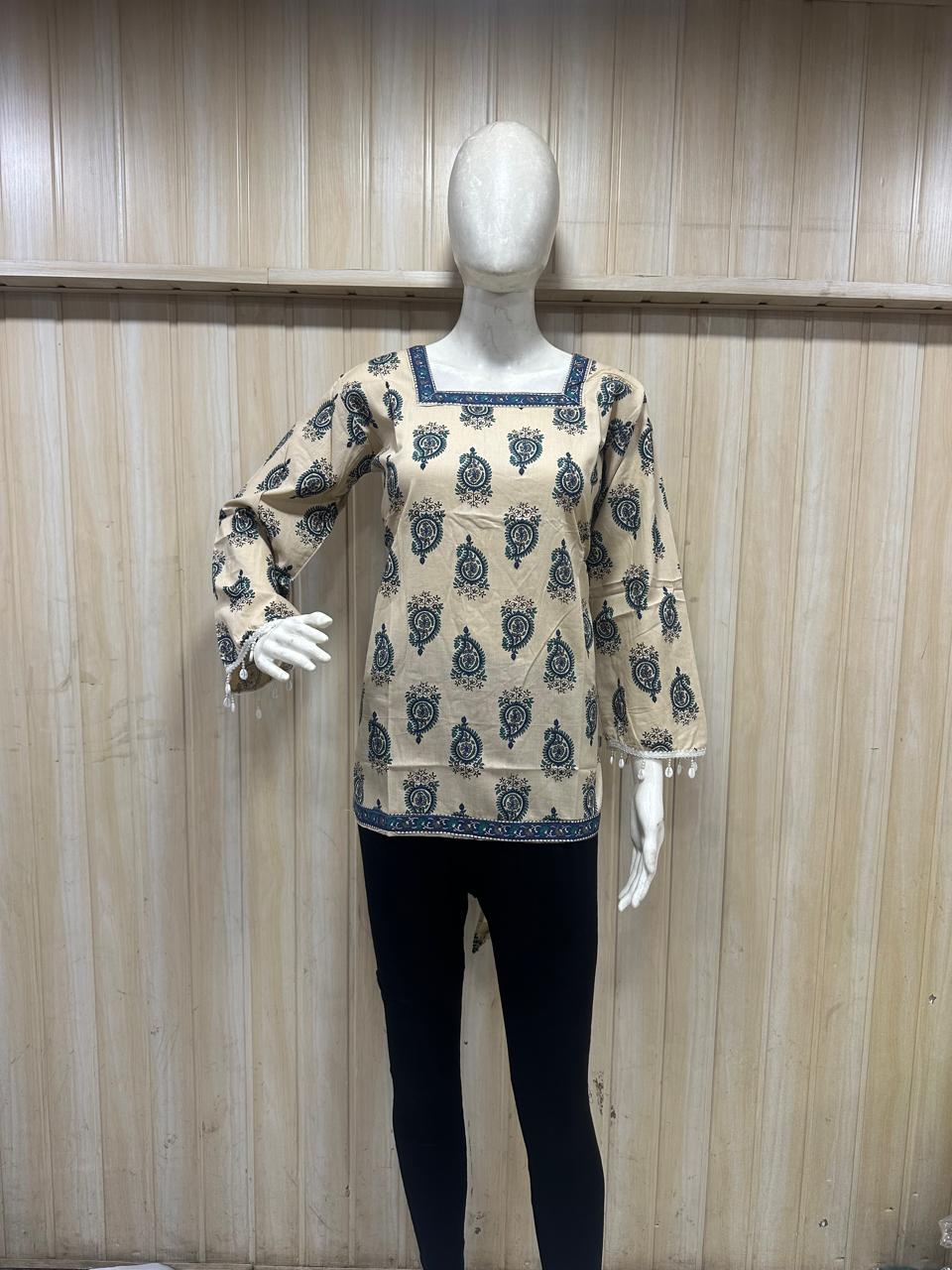 Cream Mull Cotton Short Kurti with Navy Paisley Print & Square Neckline