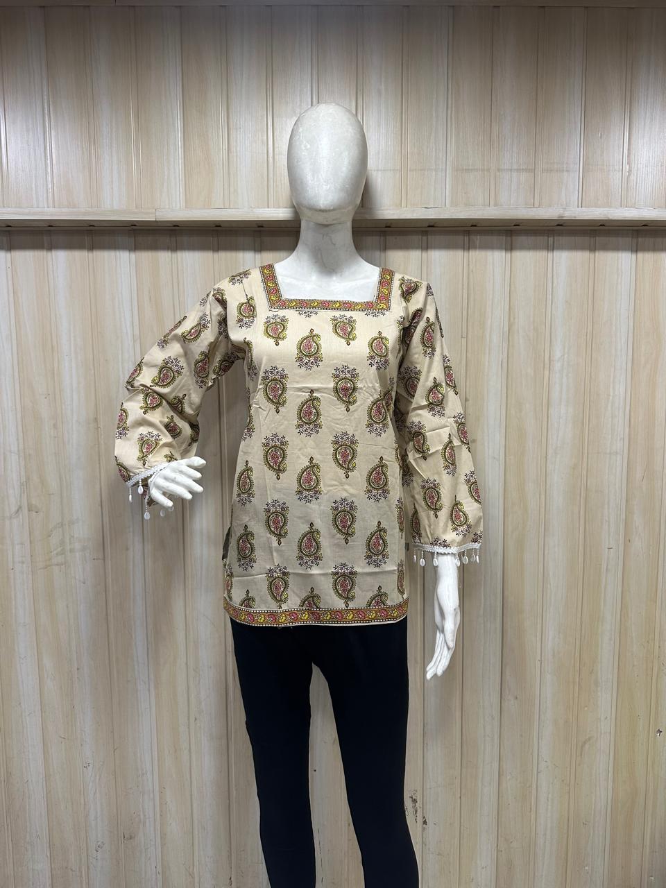 Cream Mull Cotton Short Kurti with Multicolour Paisley Print & Border Detail