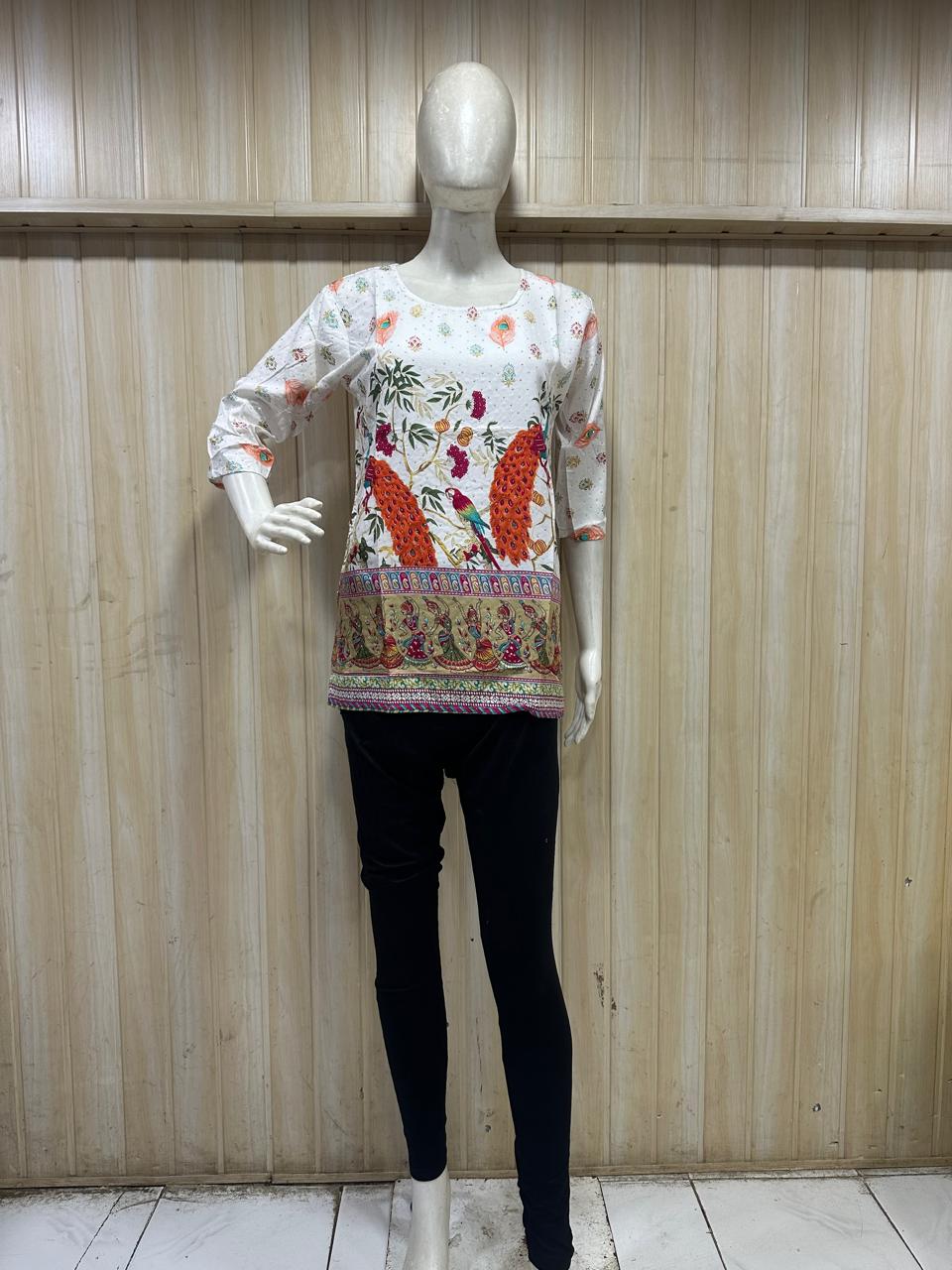 Cream Mull Cotton Short Kurti with Multicolour Peacock & Floral Print