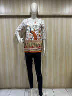 Cream Mull Cotton Short Kurti with Peacock & Folk Print